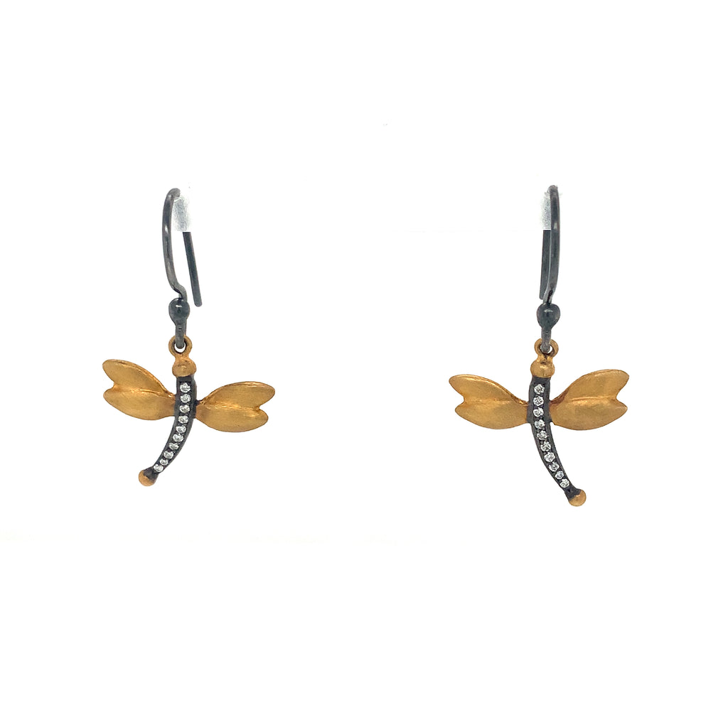 Lika BeharOne of a Kind, Yin and Yang Floating Charms Dragonfly Collection Diamond Earrings in 24k and Oxidiz - Image 5 of 9