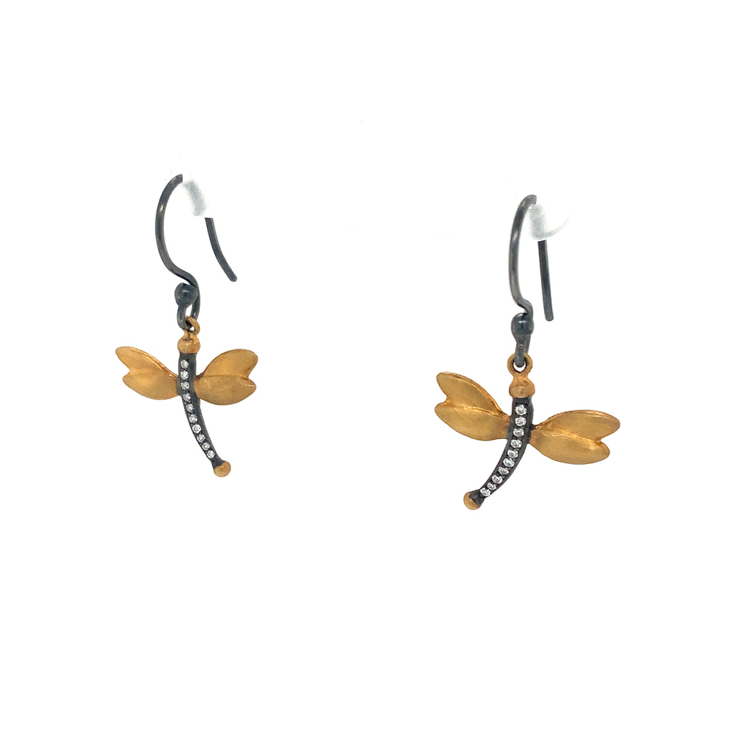 Lika BeharOne of a Kind, Yin and Yang Floating Charms Dragonfly Collection Diamond Earrings in 24k and Oxidiz - Image 2 of 9