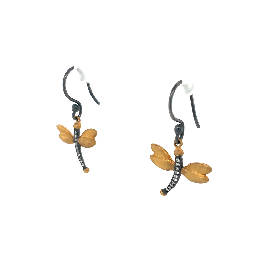 Lika BeharOne of a Kind, Yin and Yang Floating Charms Dragonfly Collection Diamond Earrings in 24k and Oxidiz - Image 9 of 9