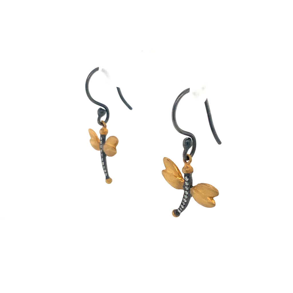 Lika BeharOne of a Kind, Yin and Yang Floating Charms Dragonfly Collection Diamond Earrings in 24k and Oxidiz - Image 4 of 9