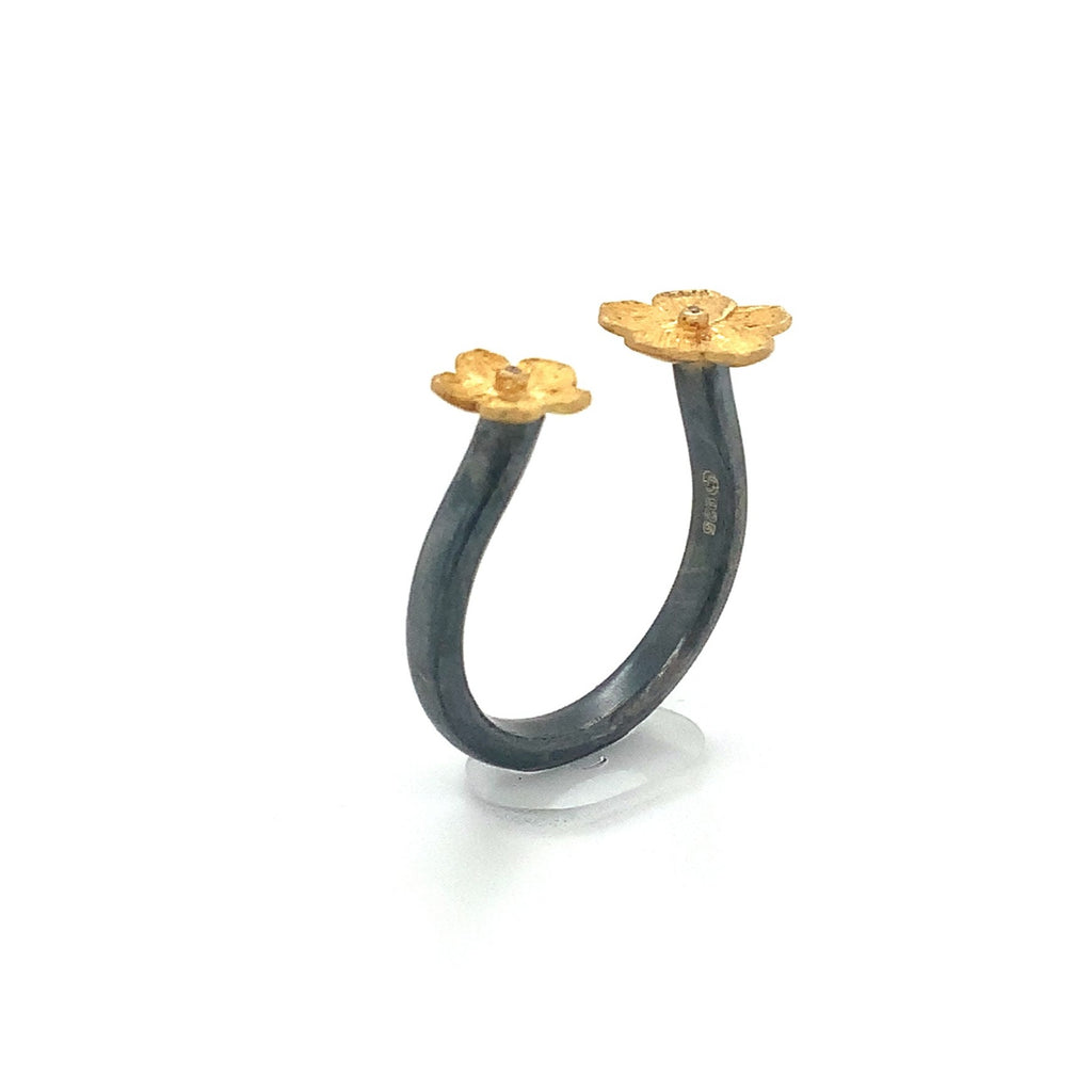 Lika Behar Yin and Yang Collection Buttercup Diamond Open Ring 22K Gold and Oxidized Silver - Image 7 of 9