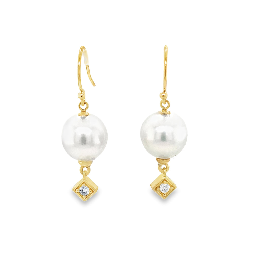 White 10 mm South Sea Pearl and Diamond 14K Yellow Gold Drop Earrings - Image 2 of 5