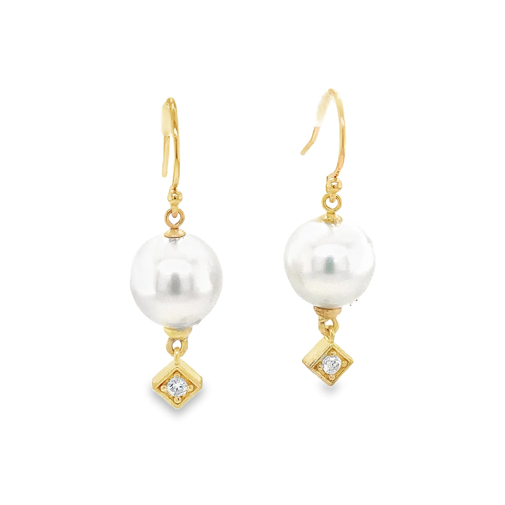 White 10 mm South Sea Pearl and Diamond 14K Yellow Gold Drop Earrings - Image 1 of 5