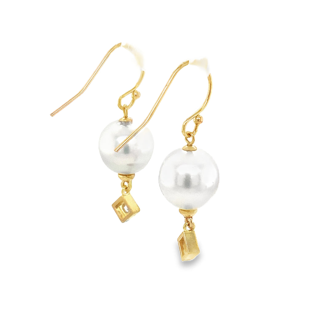 White 10 mm South Sea Pearl and Diamond 14K Yellow Gold Drop Earrings - Image 4 of 5