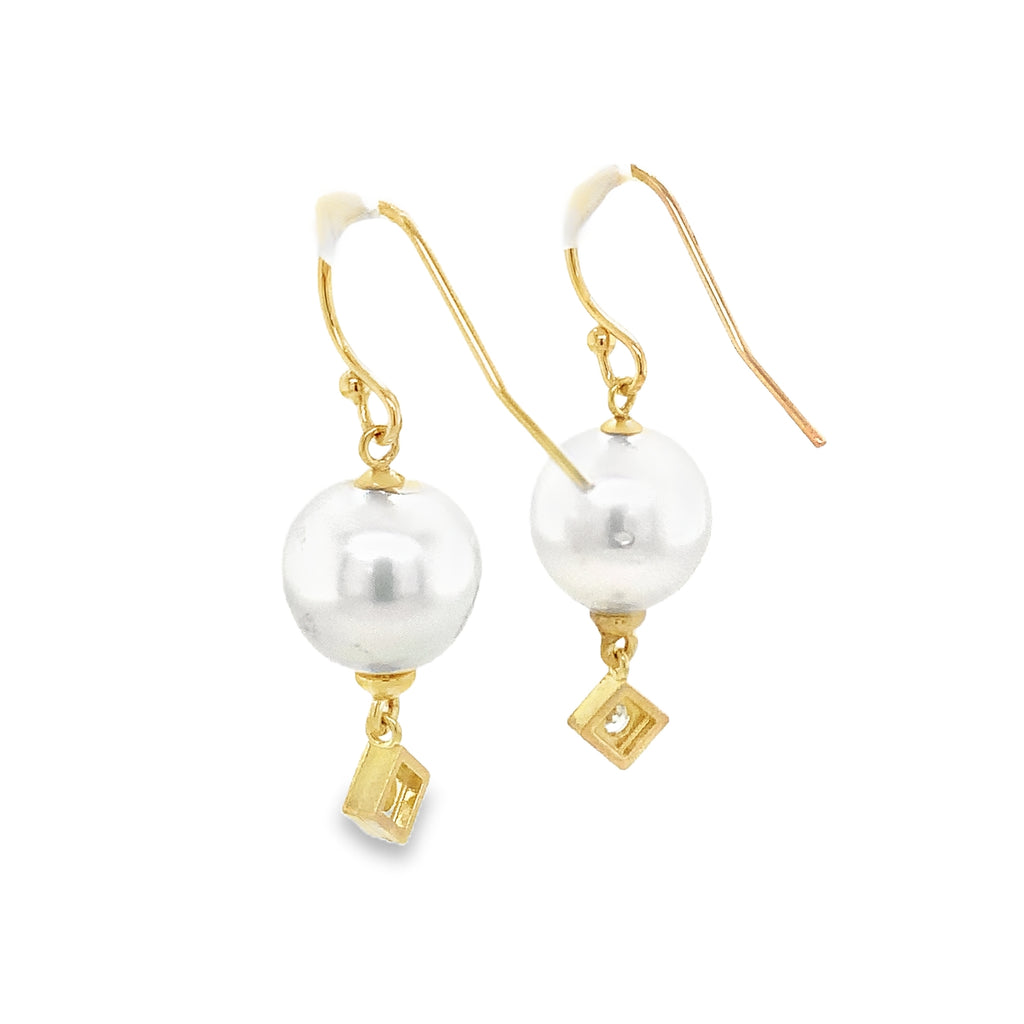 White 10 mm South Sea Pearl and Diamond 14K Yellow Gold Drop Earrings - Image 5 of 5