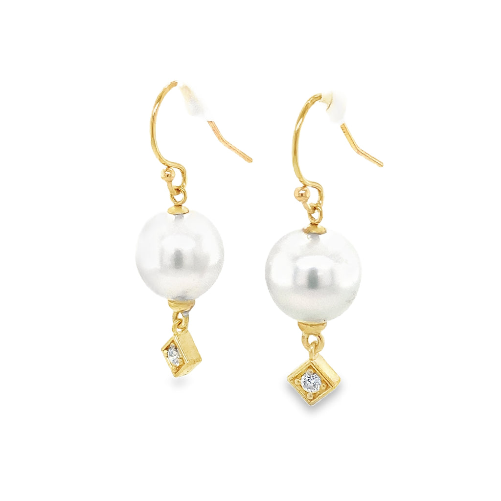 White 10 mm South Sea Pearl and Diamond 14K Yellow Gold Drop Earrings - Image 3 of 5