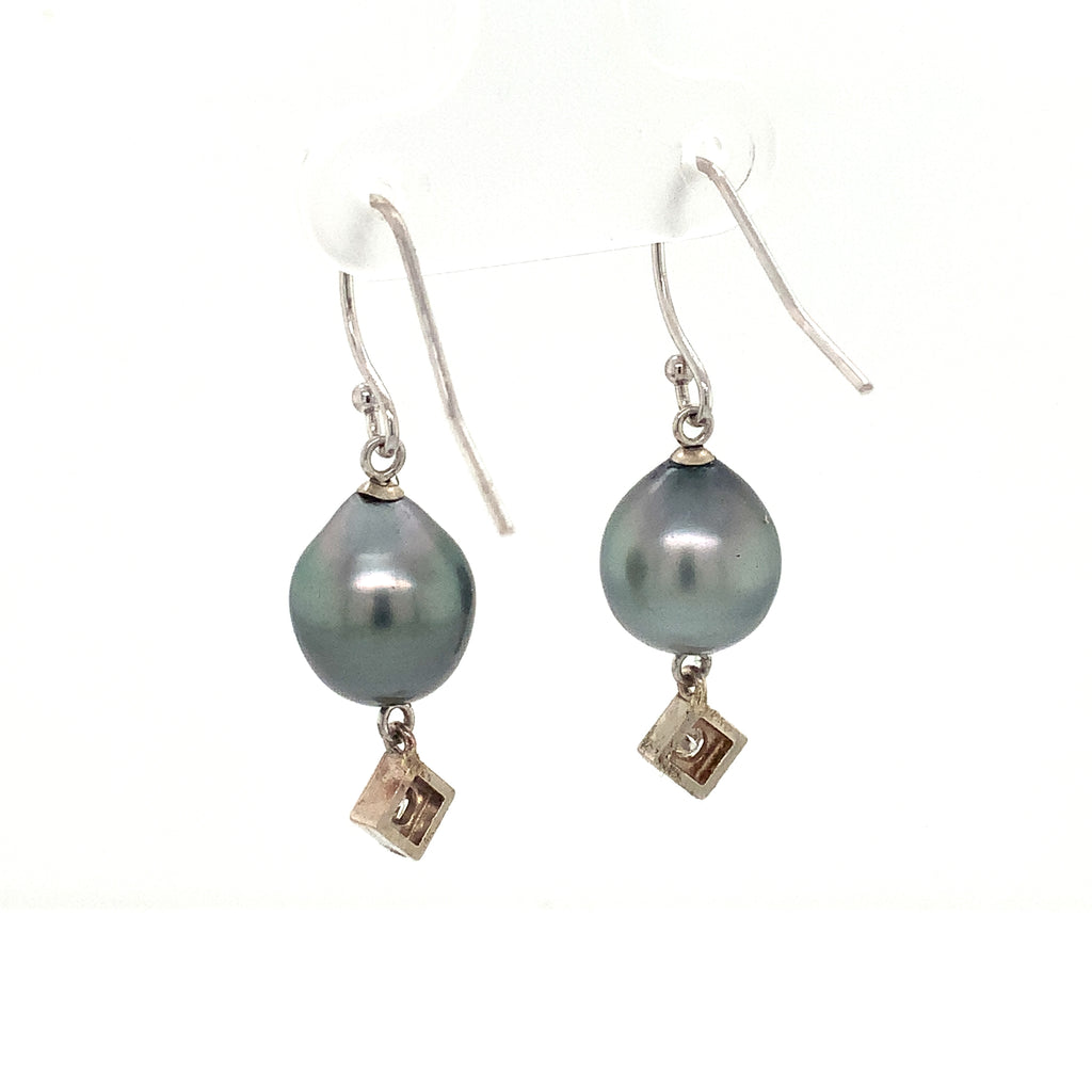Black Tahititian Pearl and Diamond 14K White Gold Drop Style Earrings - Image 4 of 5