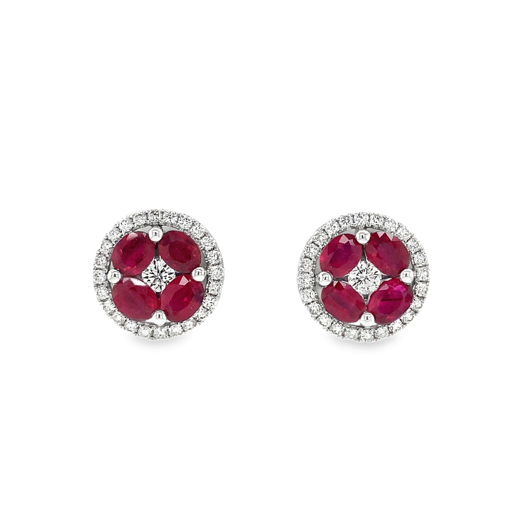 Oval Burmese Ruby And Diamond Cluster Pierced Earrings 18K White Gold - Image 1 of 4