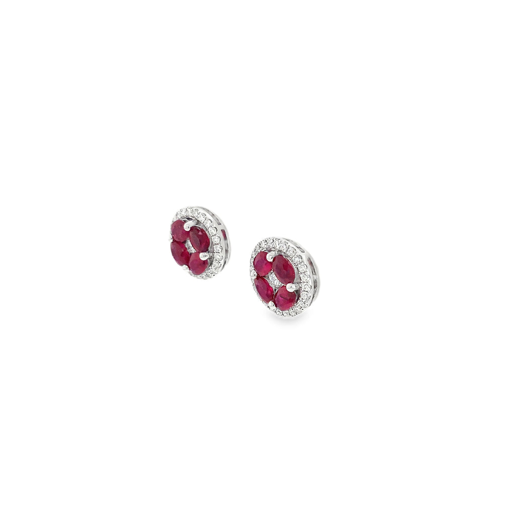 Oval Burmese Ruby And Diamond Cluster Pierced Earrings 18K White Gold - Image 3 of 4
