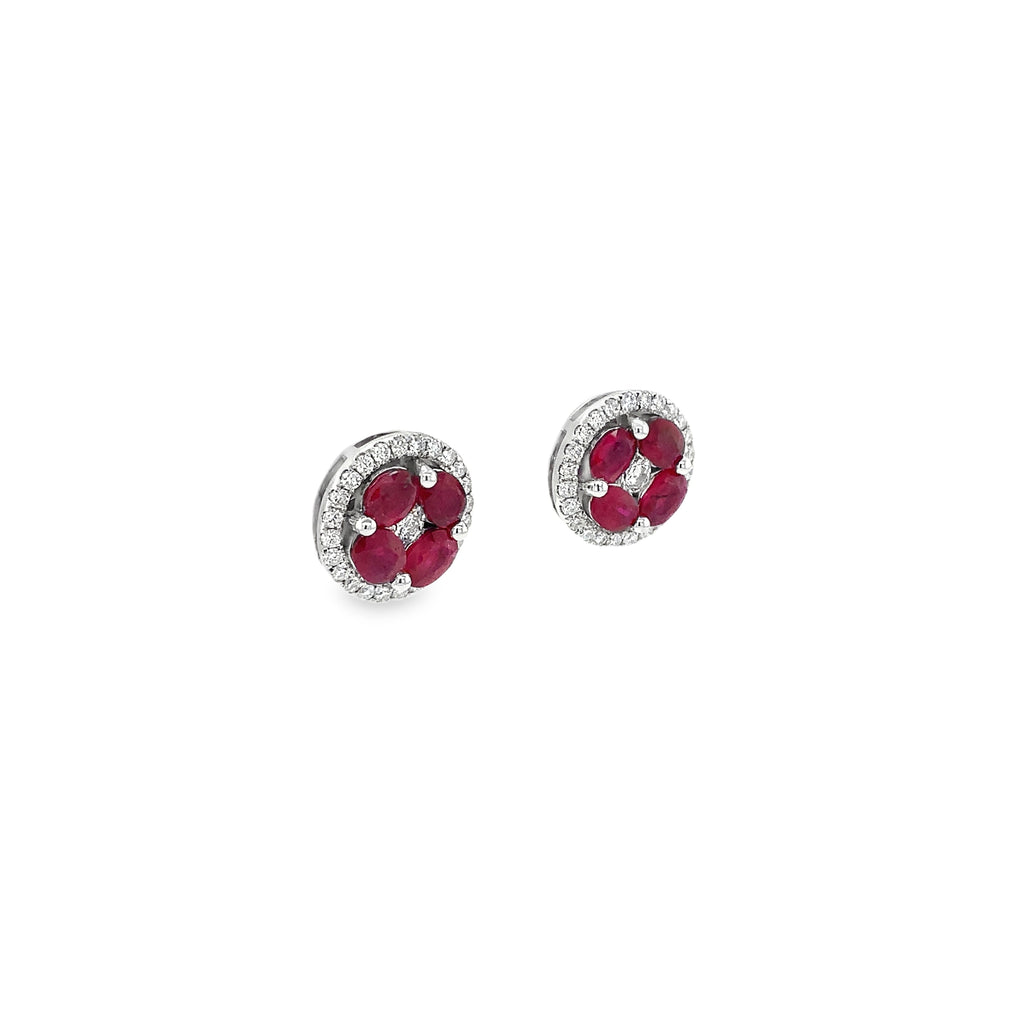 Oval Burmese Ruby And Diamond Cluster Pierced Earrings 18K White Gold - Image 2 of 4