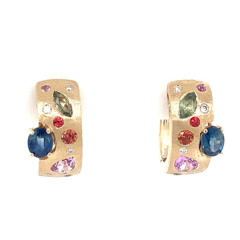 Roman + Jules Multi Color Sapphire and Diamond Huggie in 14K Yellow Gold - Image 1 of 6