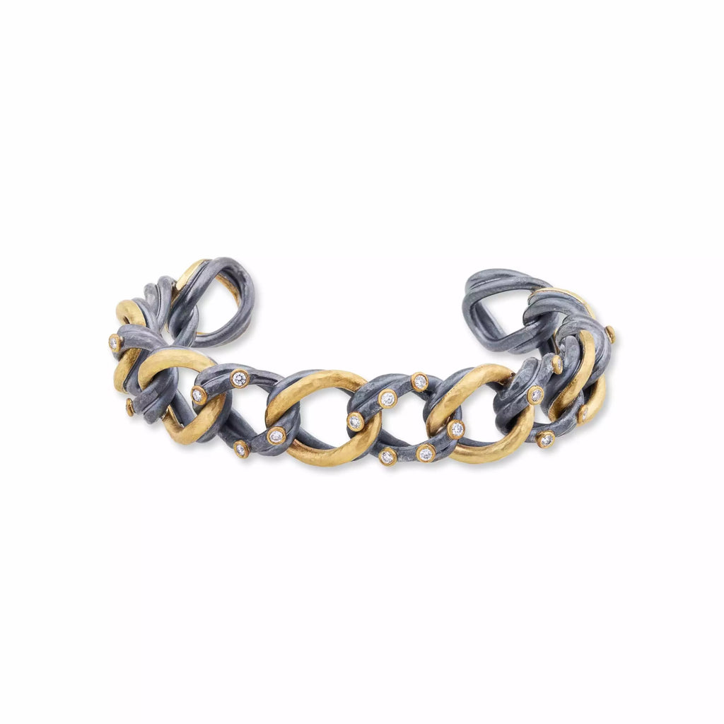 Lika Behar One of a Kind, Yin and Yang Carol Collection Diamond Open Cuff in 24K Gold and Sterling Silver - Image 1 of 7