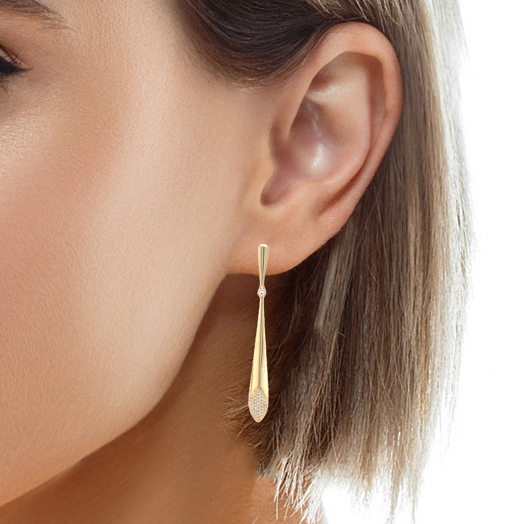 ASBA Collection Long Drop Earring with Pave Diamond set in 14K Yellow Gold - Image 2 of 9