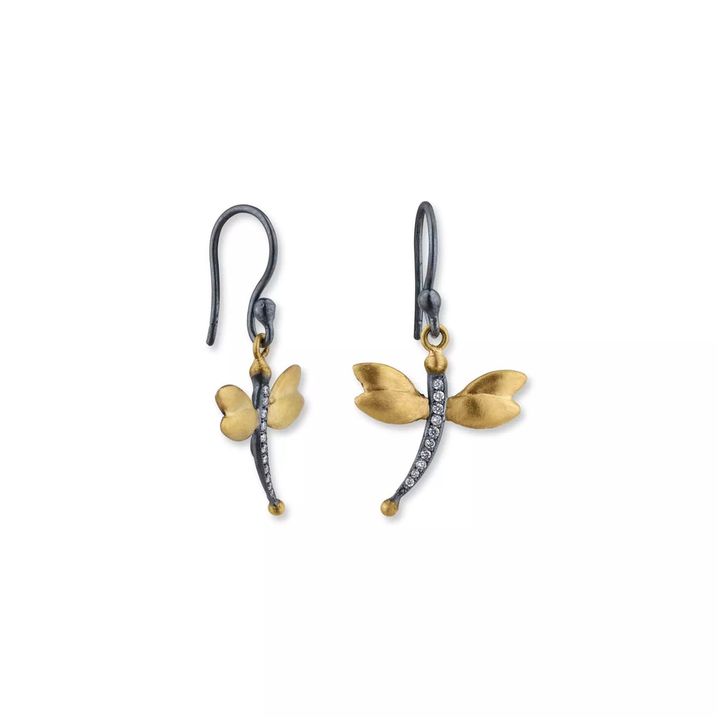 Lika BeharOne of a Kind, Yin and Yang Floating Charms Dragonfly Collection Diamond Earrings in 24k and Oxidiz - Image 1 of 9