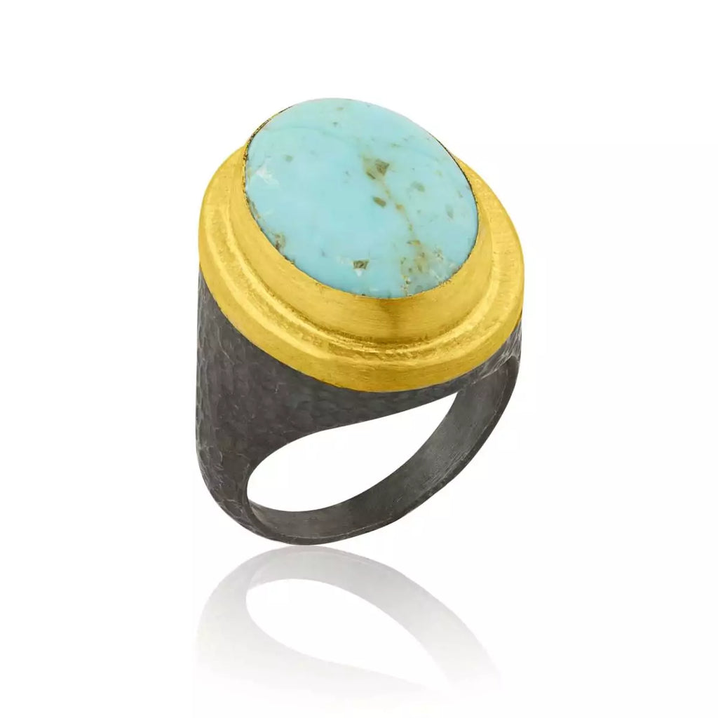 Lika Behar Pompei, Turquoise Therapy Ring  Oval  Turquoise  set in 24K Gold & Oxidized Silver - Image 1 of 2