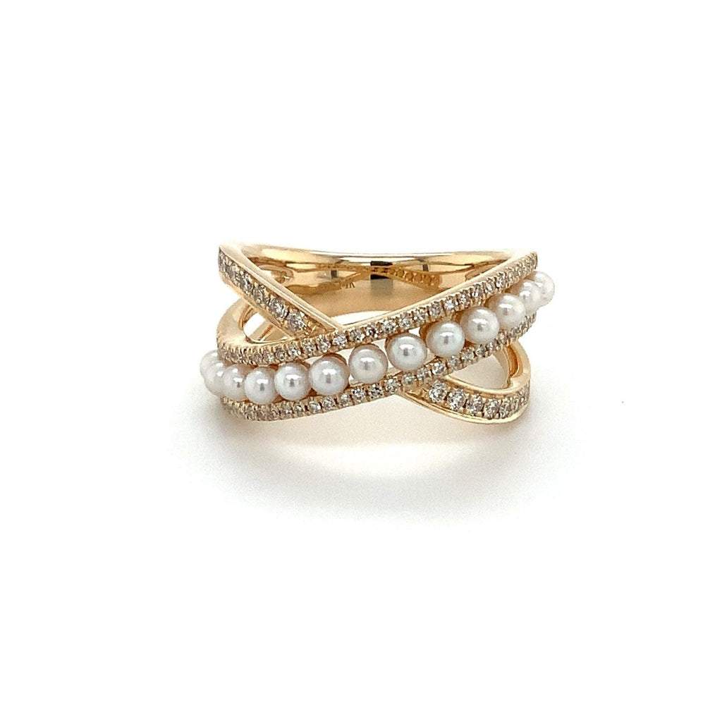 Roman+Jules Bypass Pearl and Diamond Ring set in 14K Yellow Gold