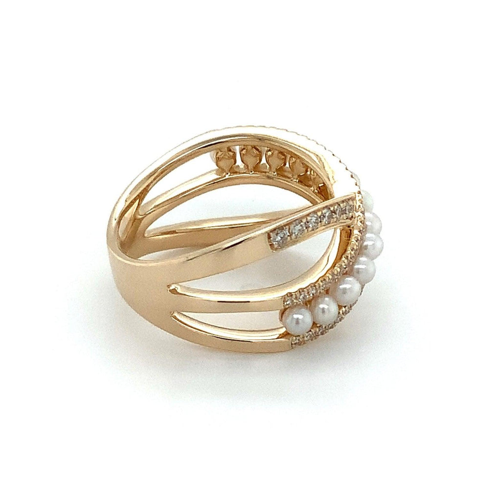 Roman+Jules Bypass Pearl and Diamond Ring set in 14K Yellow Gold