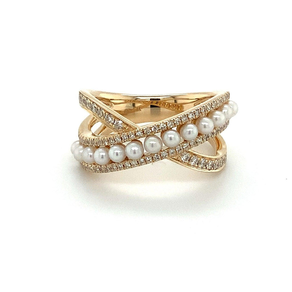 Roman+Jules Bypass Pearl and Diamond Ring set in 14K Yellow Gold