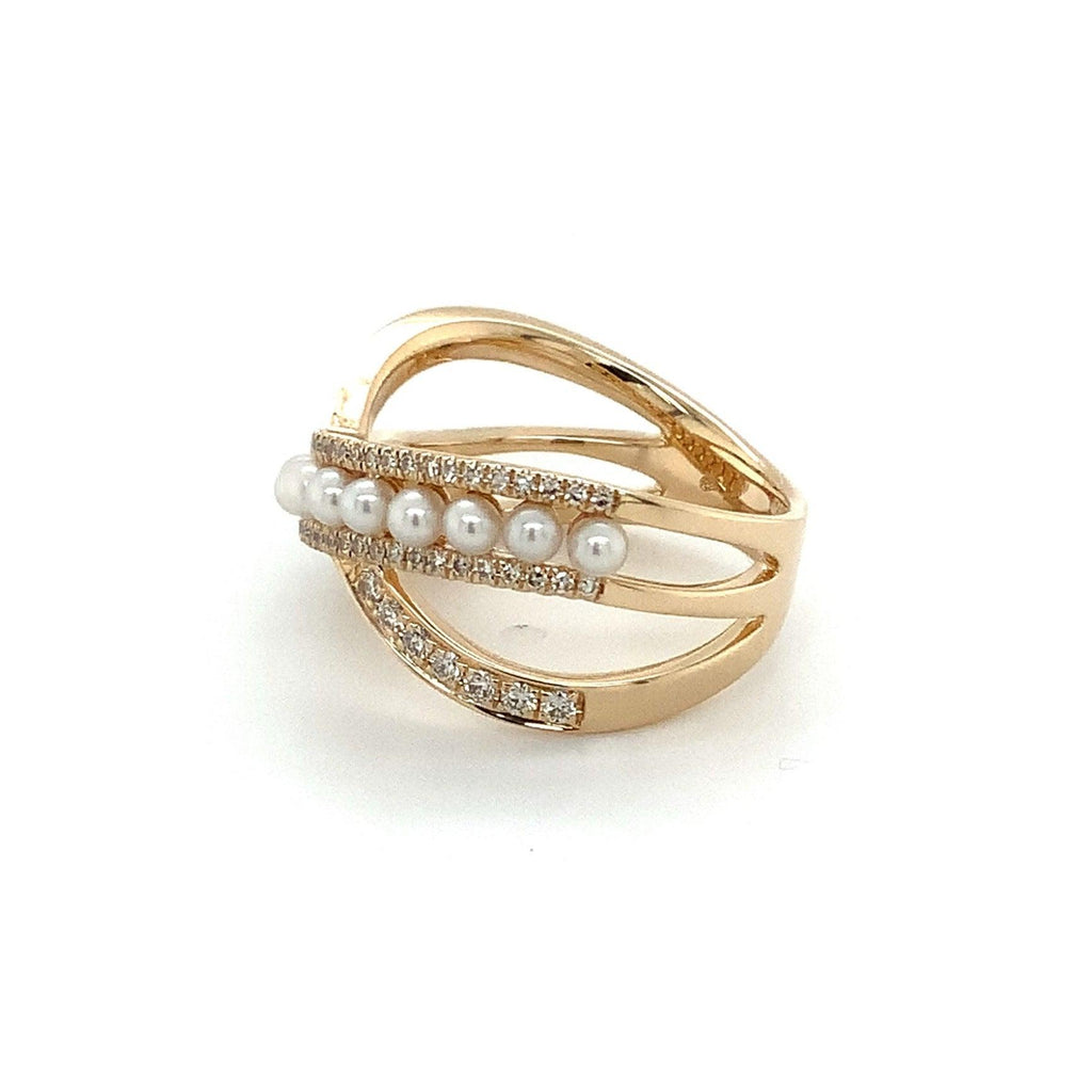 Roman+Jules Bypass Pearl and Diamond Ring set in 14K Yellow Gold