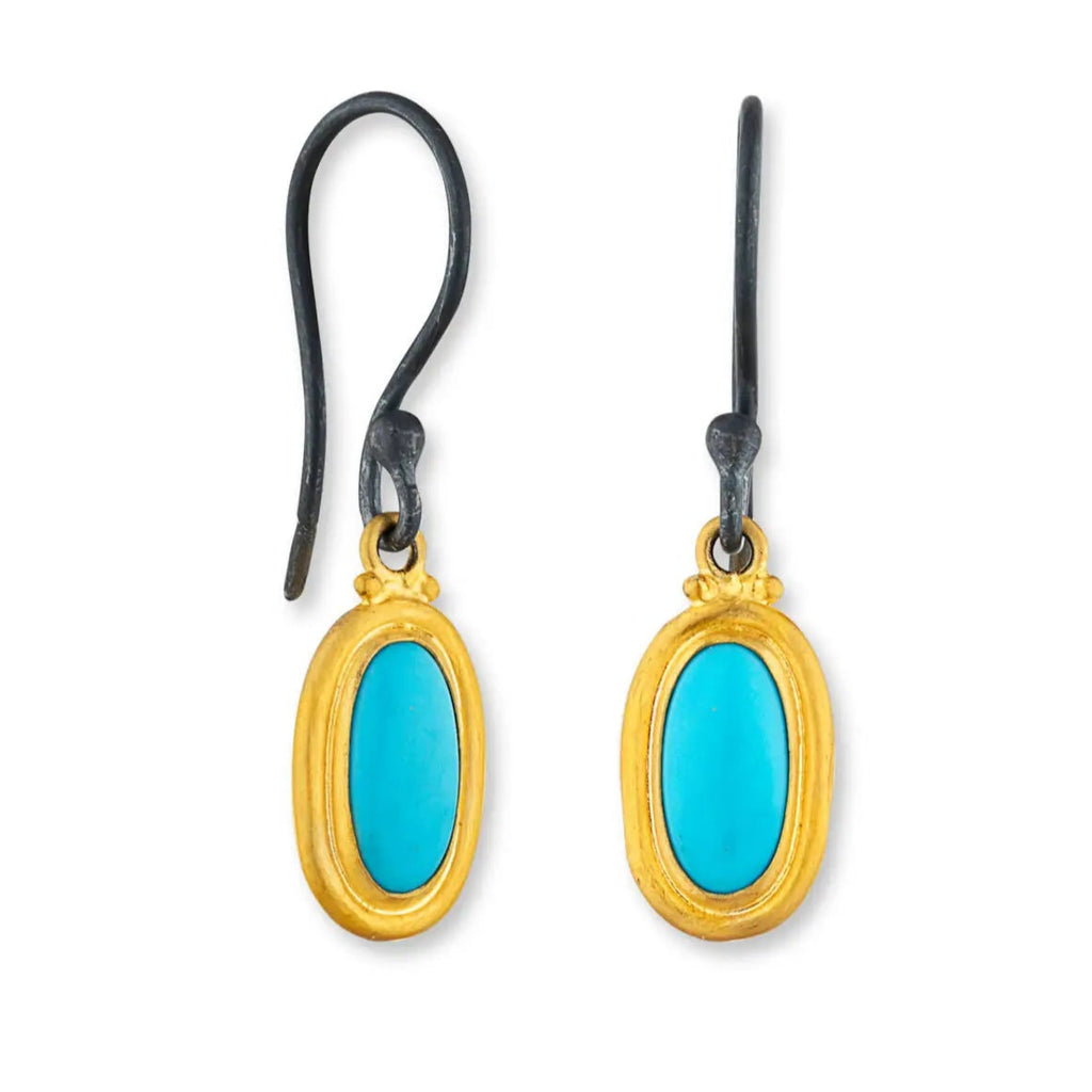 Lika Behar Turquoise Therapy Collection Pear Shape Drop Earring in 24K Gold and Oxidized Silver - Image 1 of 7