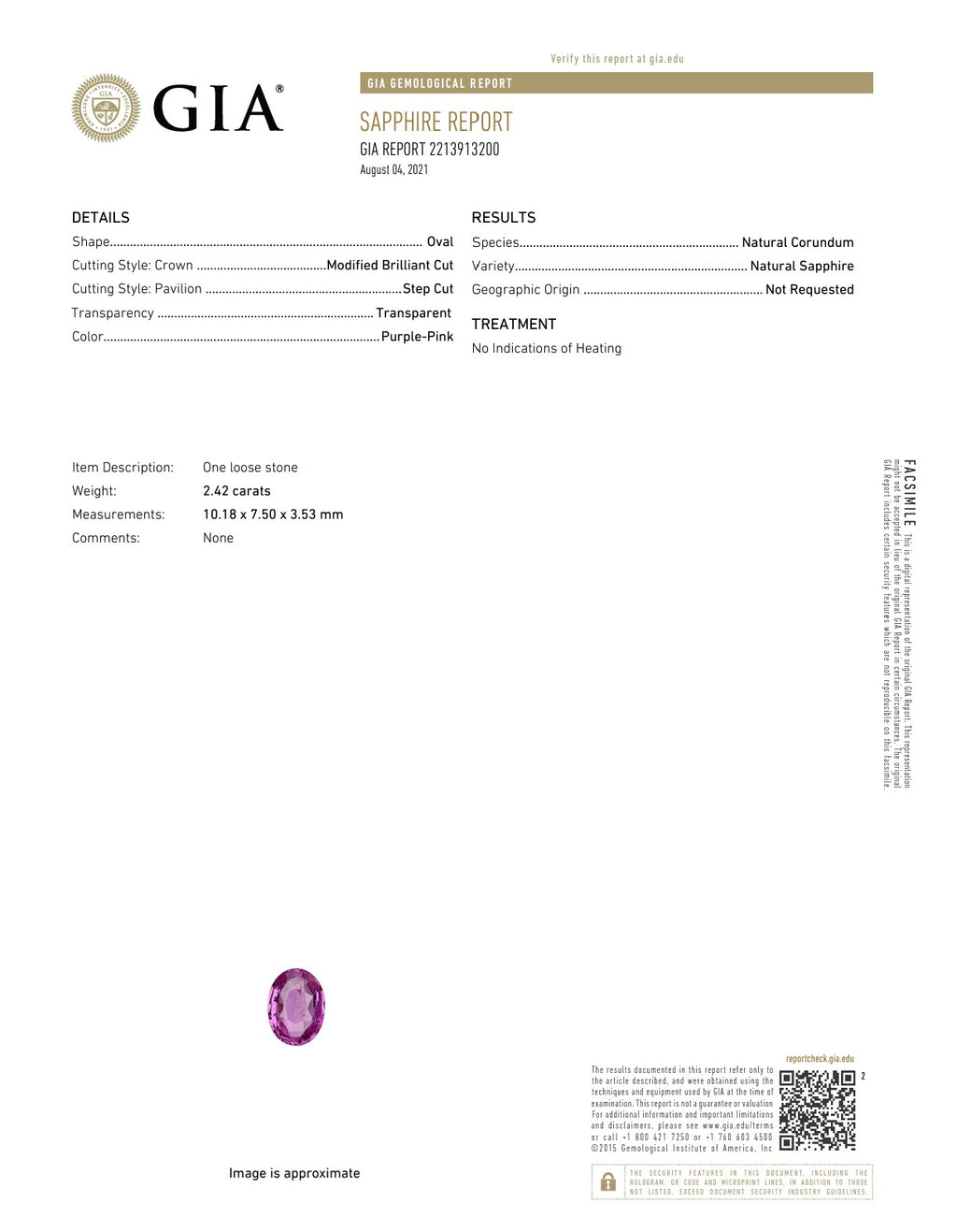 Roman + Jules Natural GIA Certified No Heat Oval Purplish-Pink Sapphire and Diamond Ring set in Platinum - Image 6 of 6