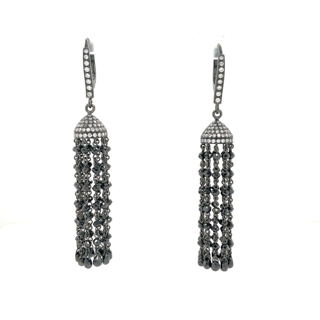 White with Black Graduating Diamond Bead to Briolette Tassel Earrings Set in 18K W/G Gold - Image 1 of 6