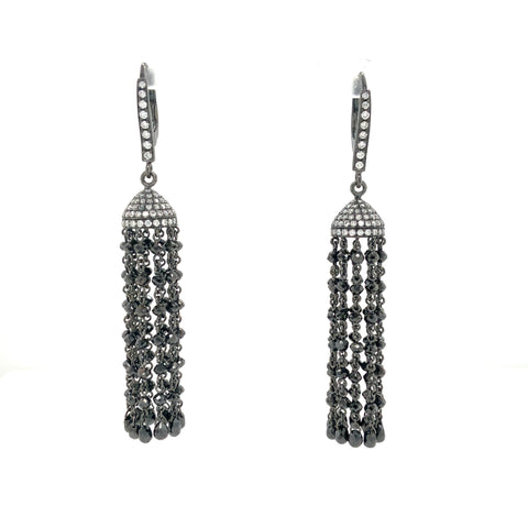 White with Black Graduating Diamond Bead to Briolette Tassel Earrings Set in 18K W/G Gold - Image 1 of 6