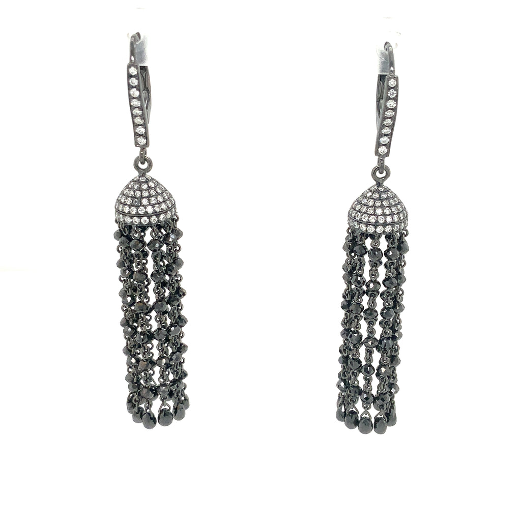 White with Black Graduating Diamond Bead to Briolette Tassel Earrings Set in 18K W/G Gold - Image 6 of 6
