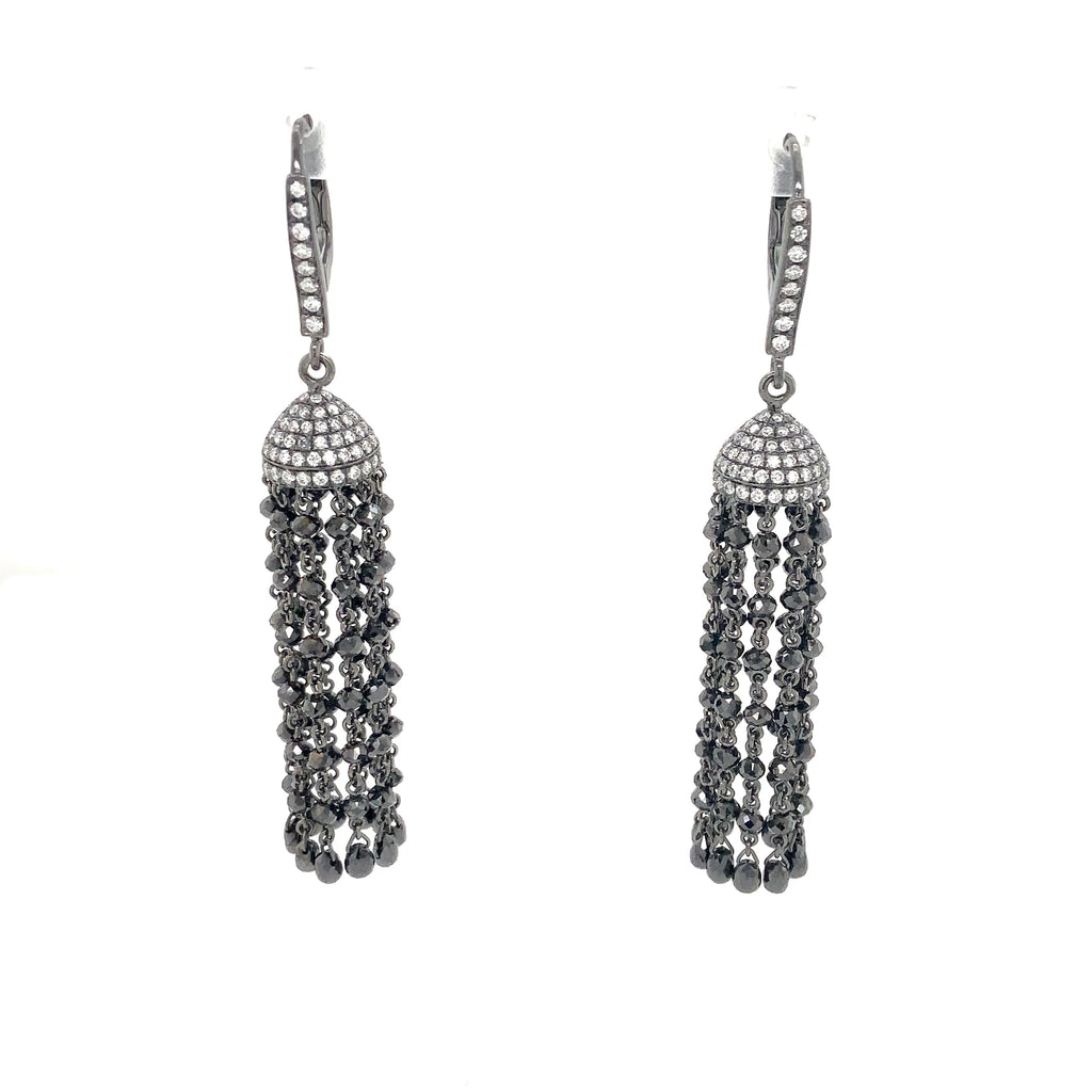 White with Black Graduating Diamond Bead to Briolette Tassel Earrings Set in 18K W/G Gold - Image 3 of 6