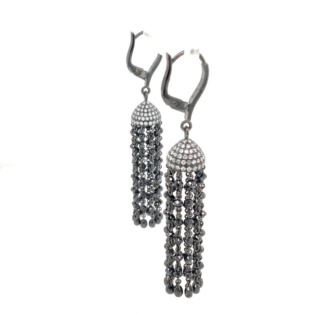 White with Black Graduating Diamond Bead to Briolette Tassel Earrings Set in 18K W/G Gold - Image 4 of 6