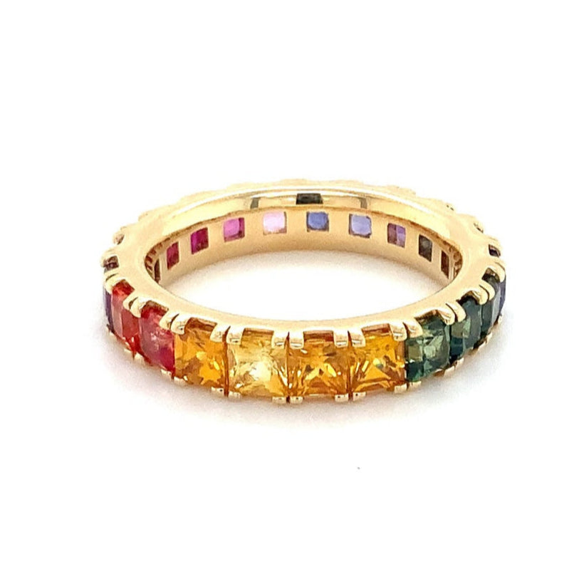 Princess Cut Multi Color Sapphire Eternity Band in 18 kt Yellow Gold - Image 6 of 8