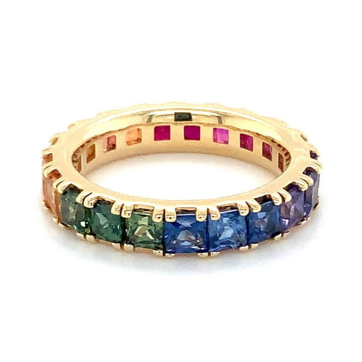 Princess Cut Multi Color Sapphire Eternity Band in 18 kt Yellow Gold - Image 7 of 8
