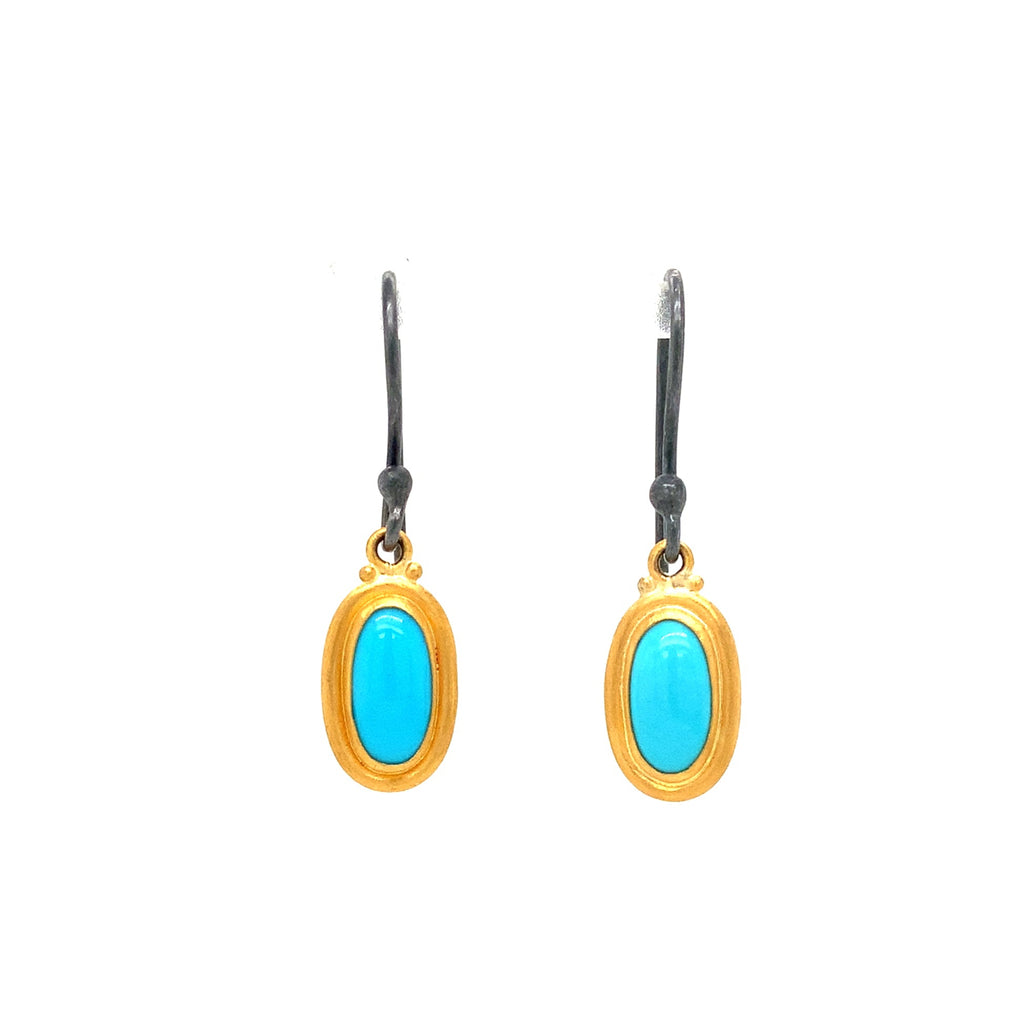 Lika Behar Turquoise Therapy Collection Pear Shape Drop Earring in 24K Gold and Oxidized Silver - Image 2 of 7