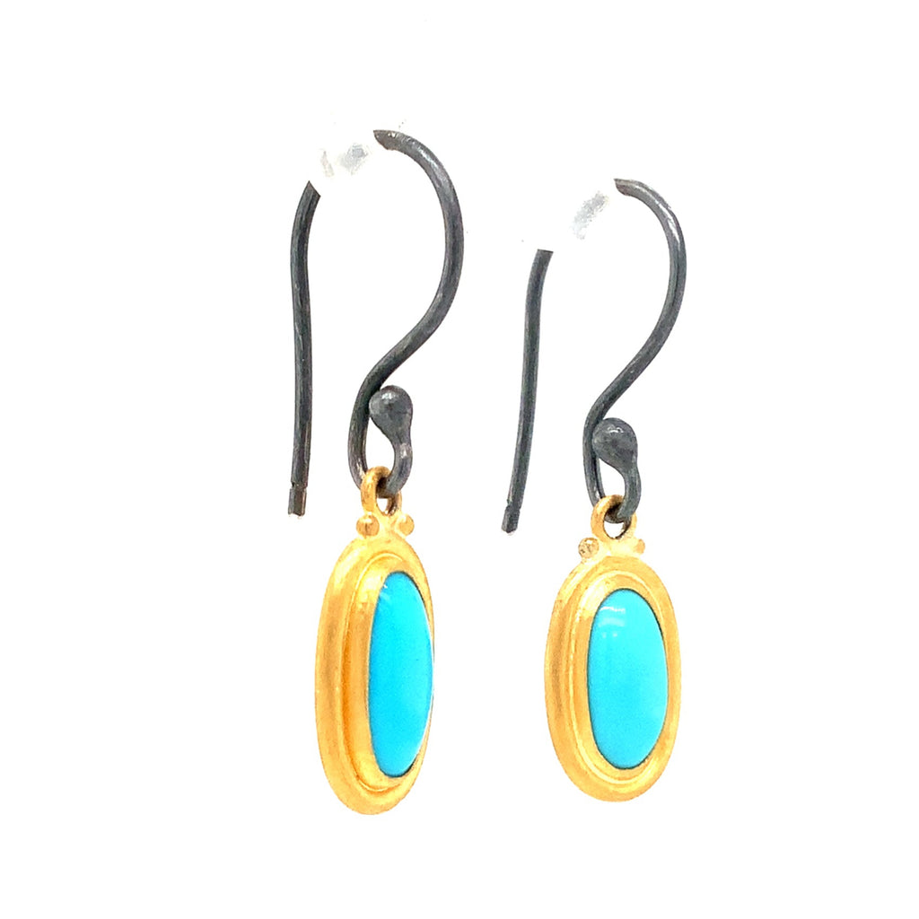 Lika Behar Turquoise Therapy Collection Pear Shape Drop Earring in 24K Gold and Oxidized Silver - Image 4 of 7