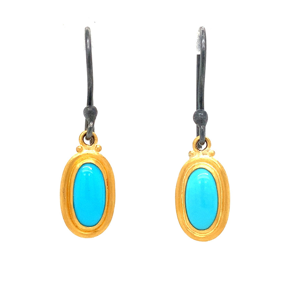 Lika Behar Turquoise Therapy Collection Pear Shape Drop Earring in 24K Gold and Oxidized Silver - Image 5 of 7