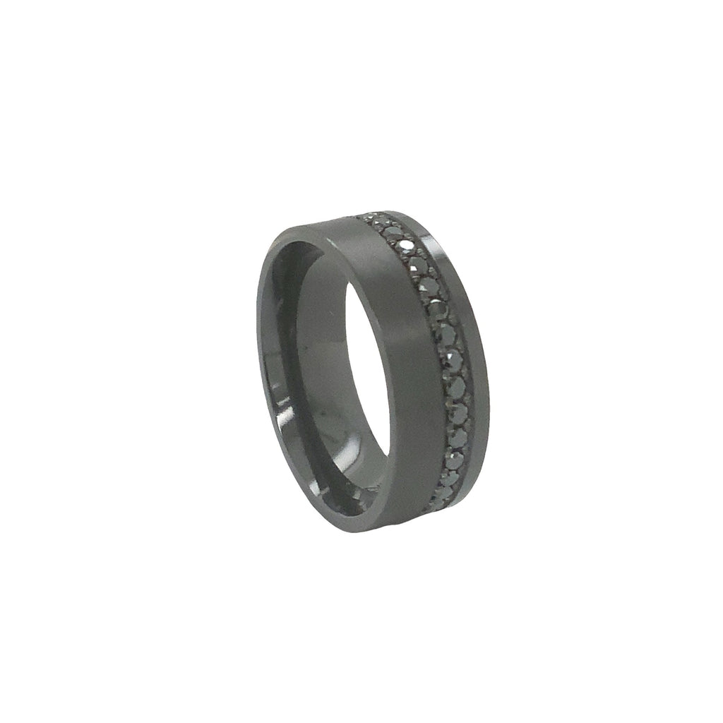 Novella Contemporary Black Zirconium and Black Diamonds off Center Eternity Wedding Band - Image 1 of 3