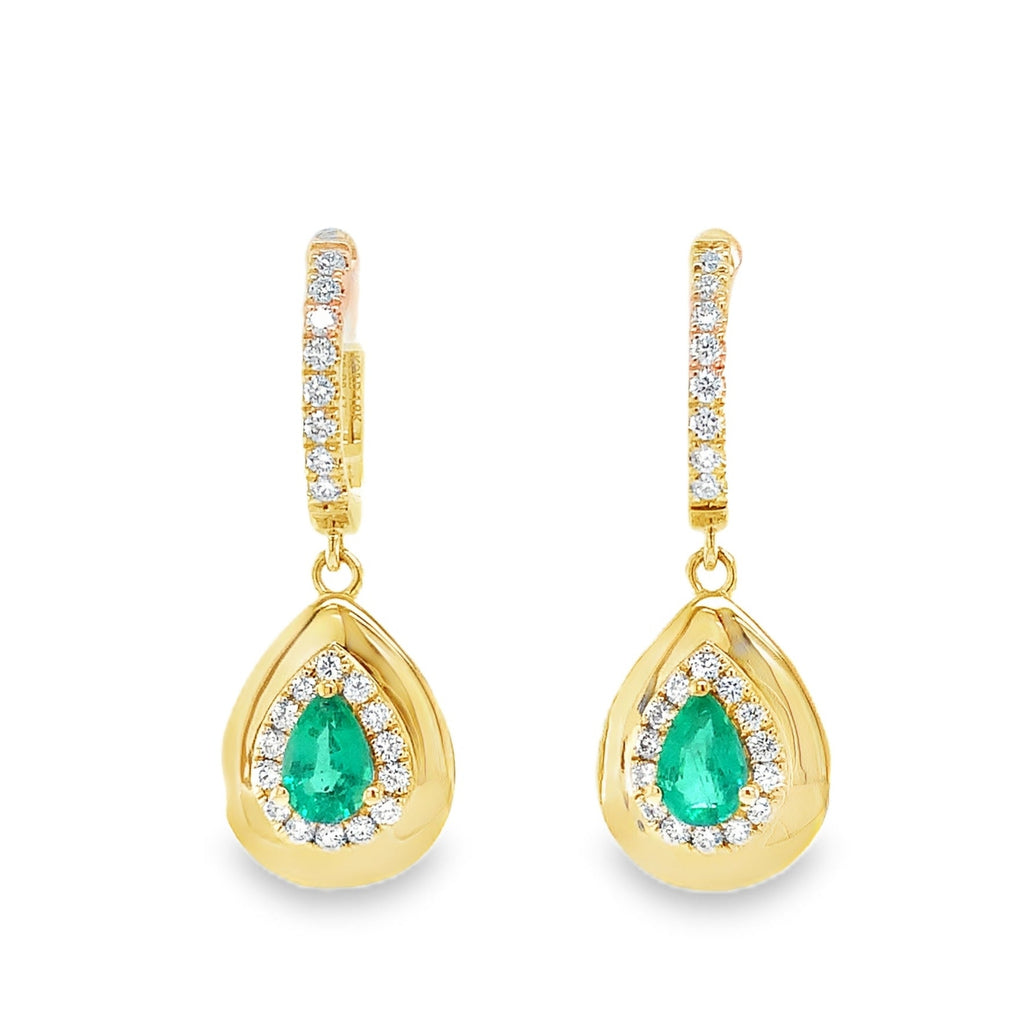 David Kord Pear Shape Emerald and Diamond Drop Earrings set in 18K Yellow Gold - Image 1 of 8