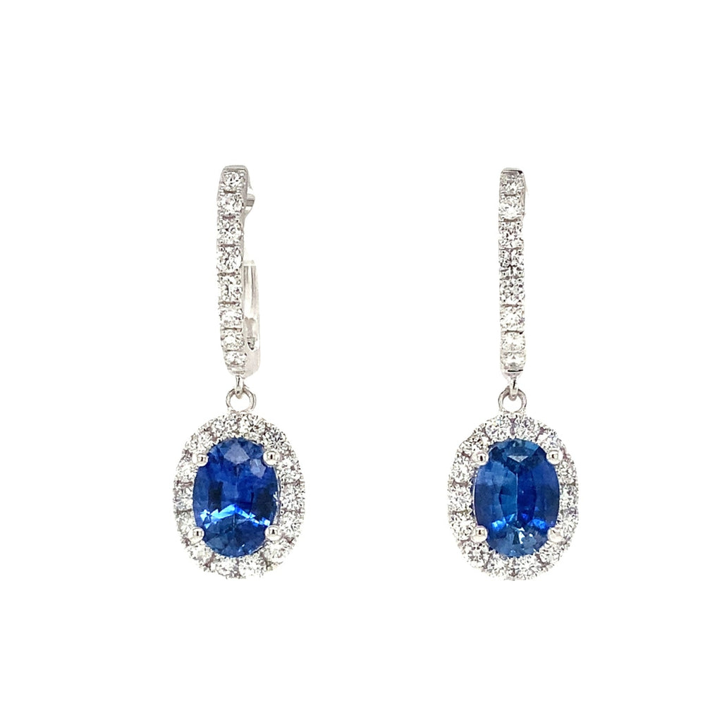 David Kord Halo style Sapphire and Diamond Drop Earring set in 18K White Gold - Image 1 of 8