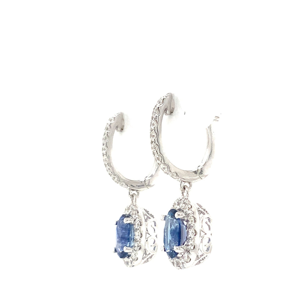 David Kord Halo style Sapphire and Diamond Drop Earring set in 18K White Gold - Image 4 of 8