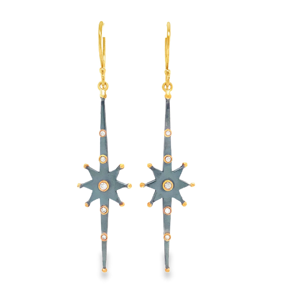 Lika Behar Yin and Yang "STARBURST" Collection Elongated Diamond Drop Earring in 24K Gold and Oxi Silver - Image 1 of 6