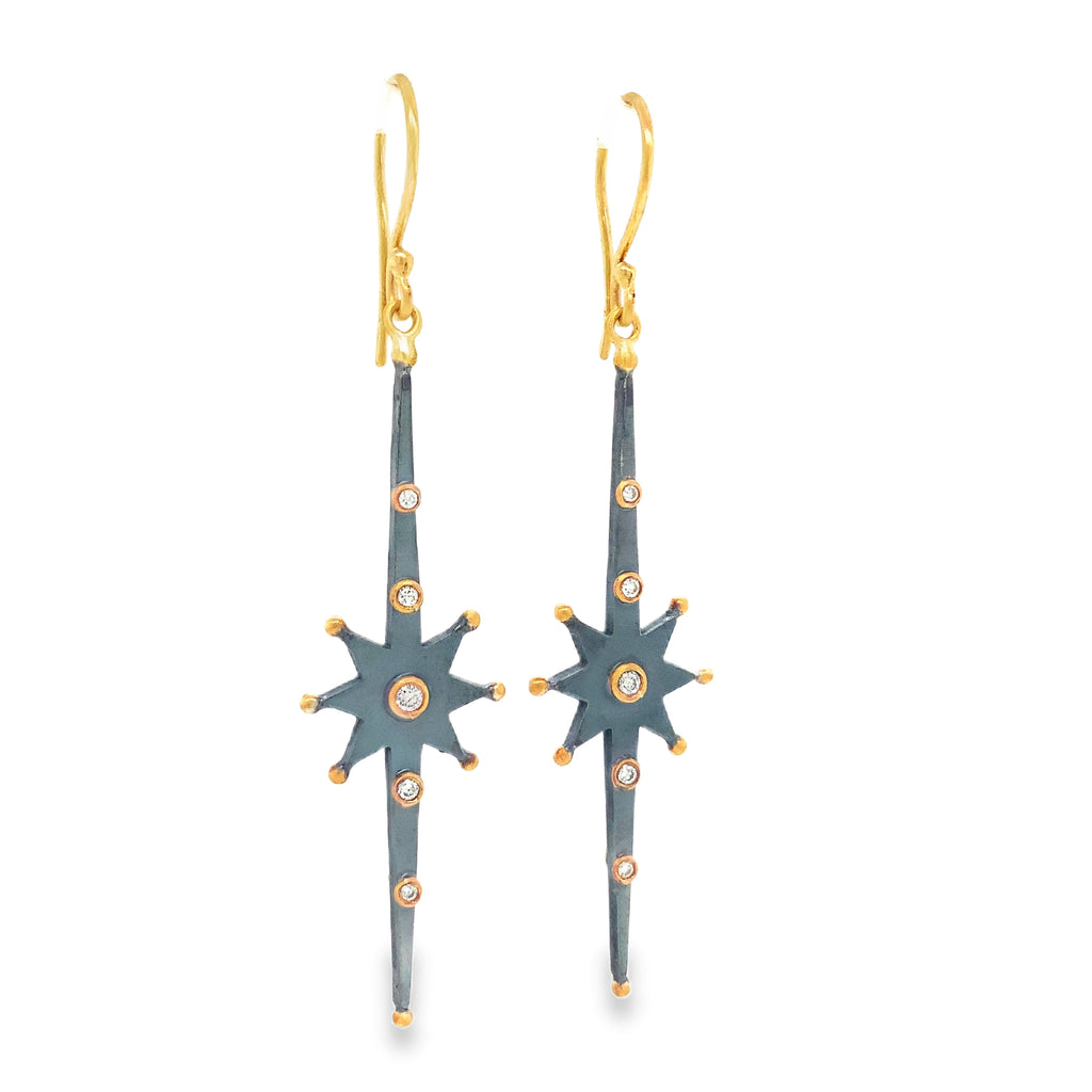 Lika Behar Yin and Yang "STARBURST" Collection Elongated Diamond Drop Earring in 24K Gold and Oxi Silver - Image 2 of 6
