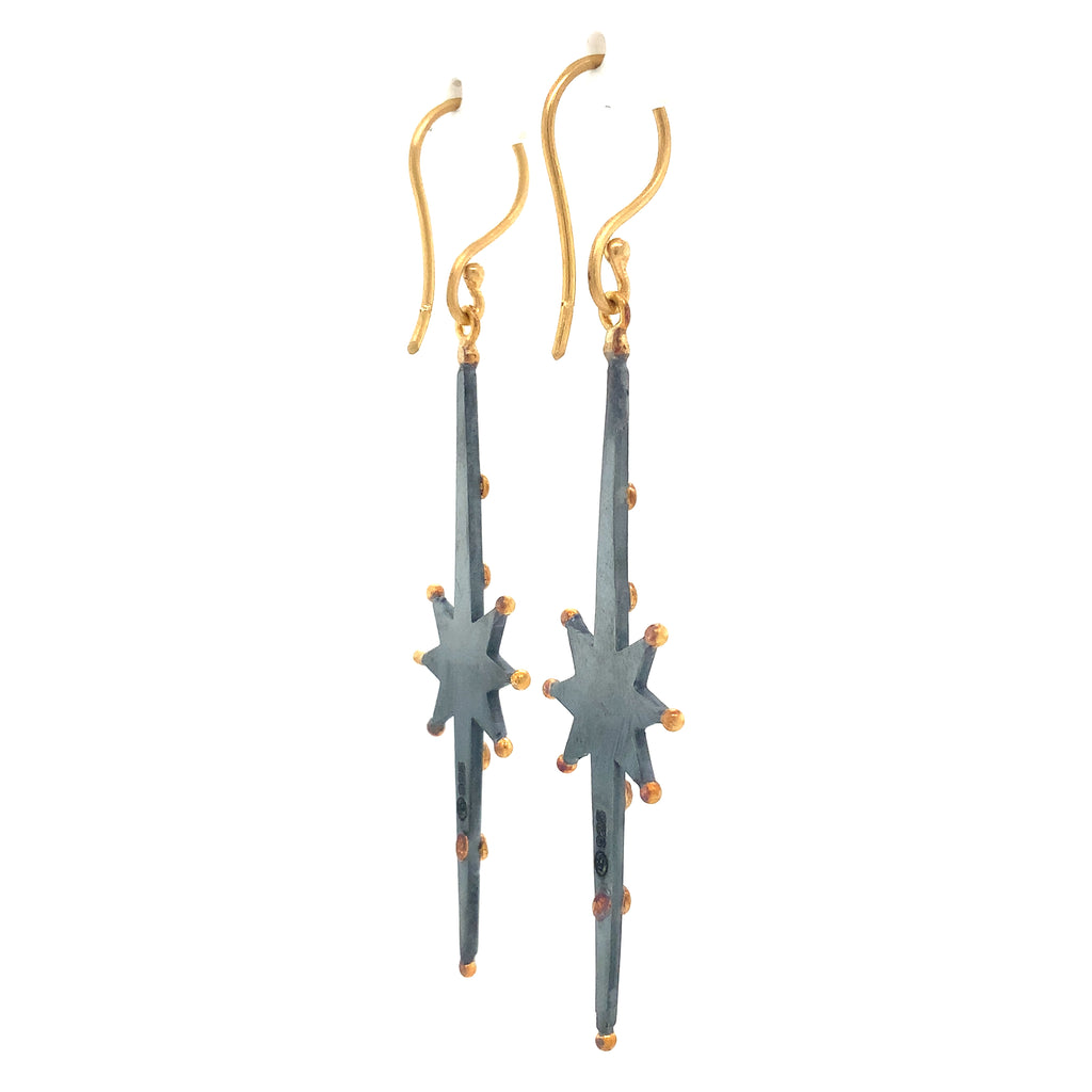 Lika Behar Yin and Yang "STARBURST" Collection Elongated Diamond Drop Earring in 24K Gold and Oxi Silver - Image 3 of 6