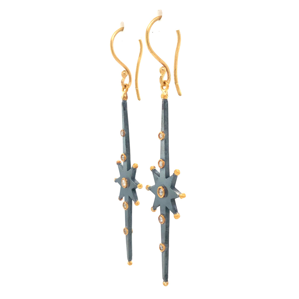 Lika Behar Yin and Yang "STARBURST" Collection Elongated Diamond Drop Earring in 24K Gold and Oxi Silver - Image 5 of 6