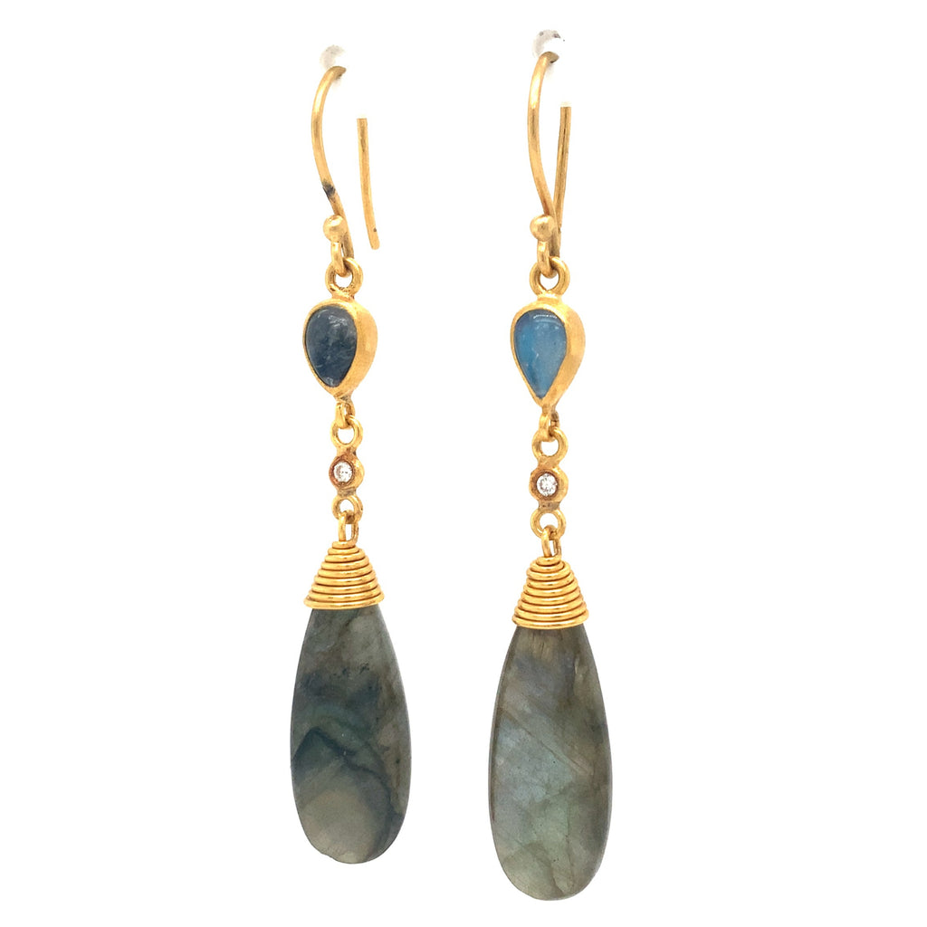 Lika Behar Collection Moonlight Sonata Labradorite and Moonstone Drop Earrings set in 24K Gold - Image 2 of 11