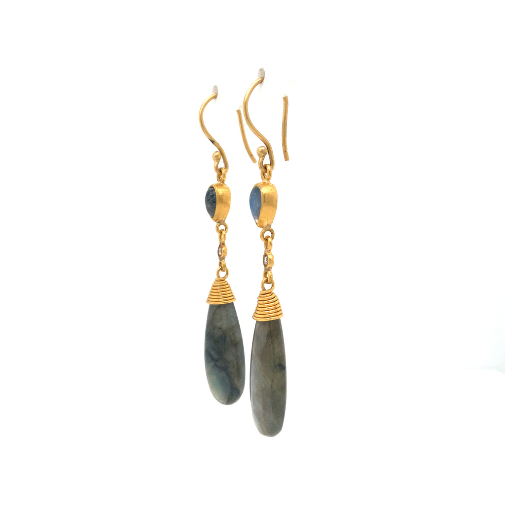 Lika Behar Collection Moonlight Sonata Labradorite and Moonstone Drop Earrings set in 24K Gold - Image 3 of 11