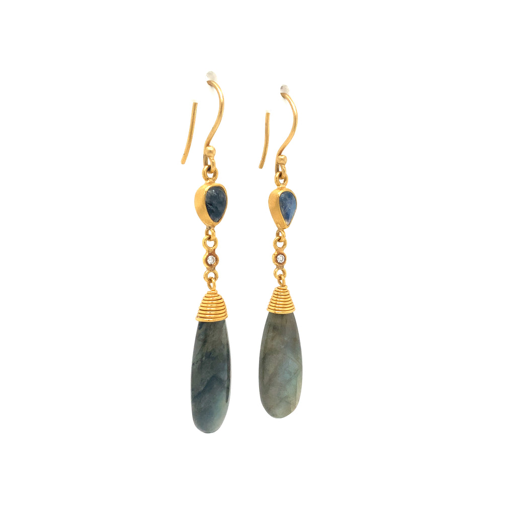 Lika Behar Collection Moonlight Sonata Labradorite and Moonstone Drop Earrings set in 24K Gold - Image 8 of 11