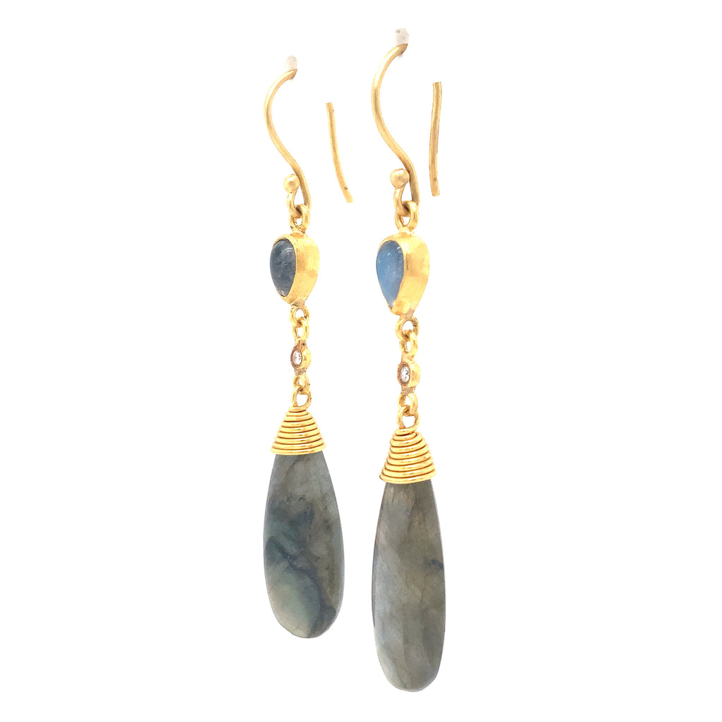 Lika Behar Collection Moonlight Sonata Labradorite and Moonstone Drop Earrings set in 24K Gold - Image 10 of 11