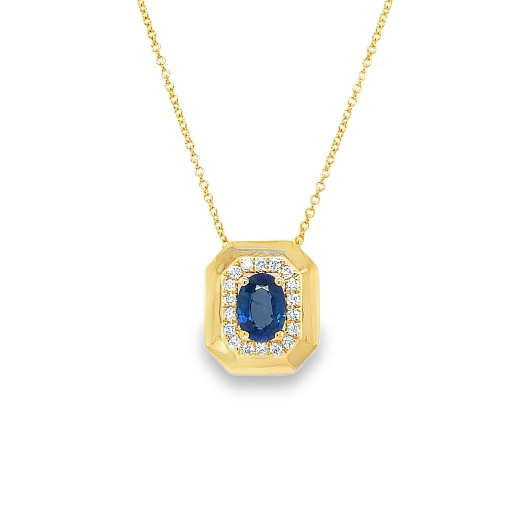 David Kord Oval Shape Sapphire and Diamond Halo style Pendant set in 18K Yellow Gold - Image 1 of 7