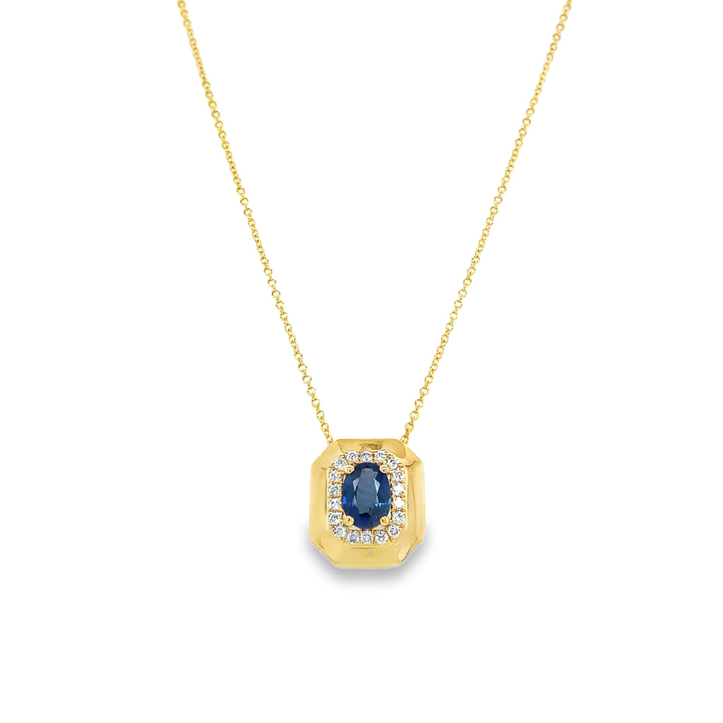 David Kord Oval Shape Sapphire and Diamond Halo style Pendant set in 18K Yellow Gold - Image 2 of 7