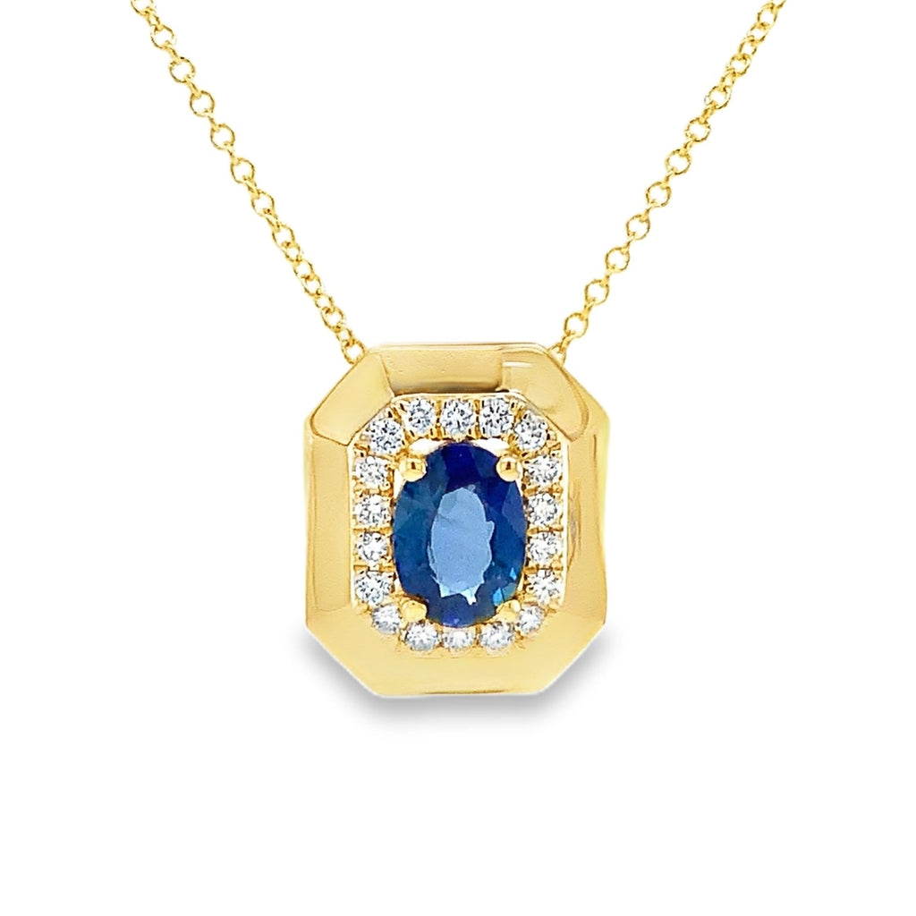 David Kord Oval Shape Sapphire and Diamond Halo style Pendant set in 18K Yellow Gold - Image 7 of 7